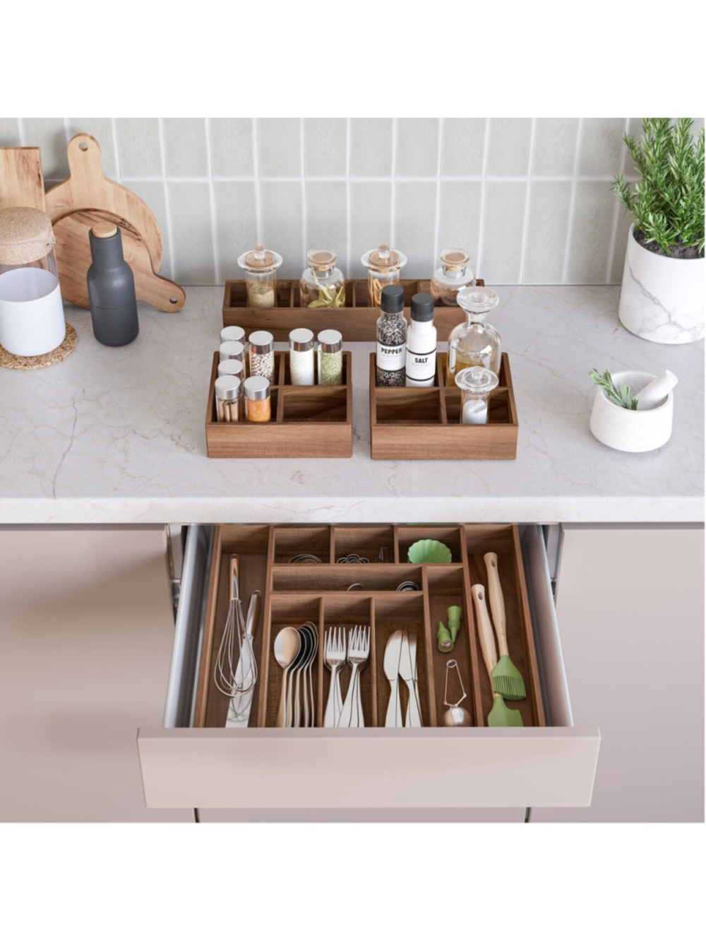 Seville Classics 4-Piece Acacia Wood Expandable Drawer Organizer and Box Set